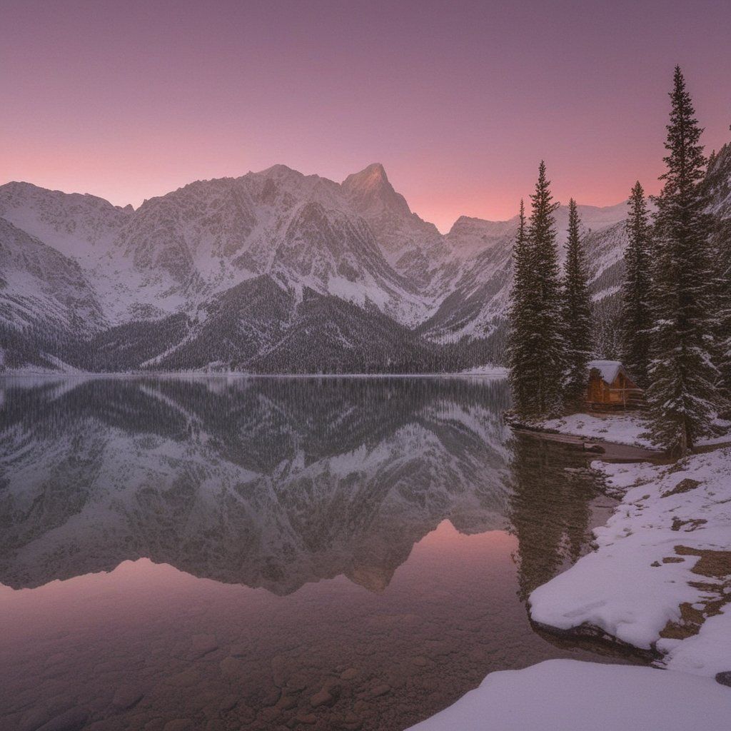 A crystal-clear lake surrounded by snow-capped mountains under a vibrant pink and orange sunset, with a small wooden cabin on the shore and pine trees reflected in the still water