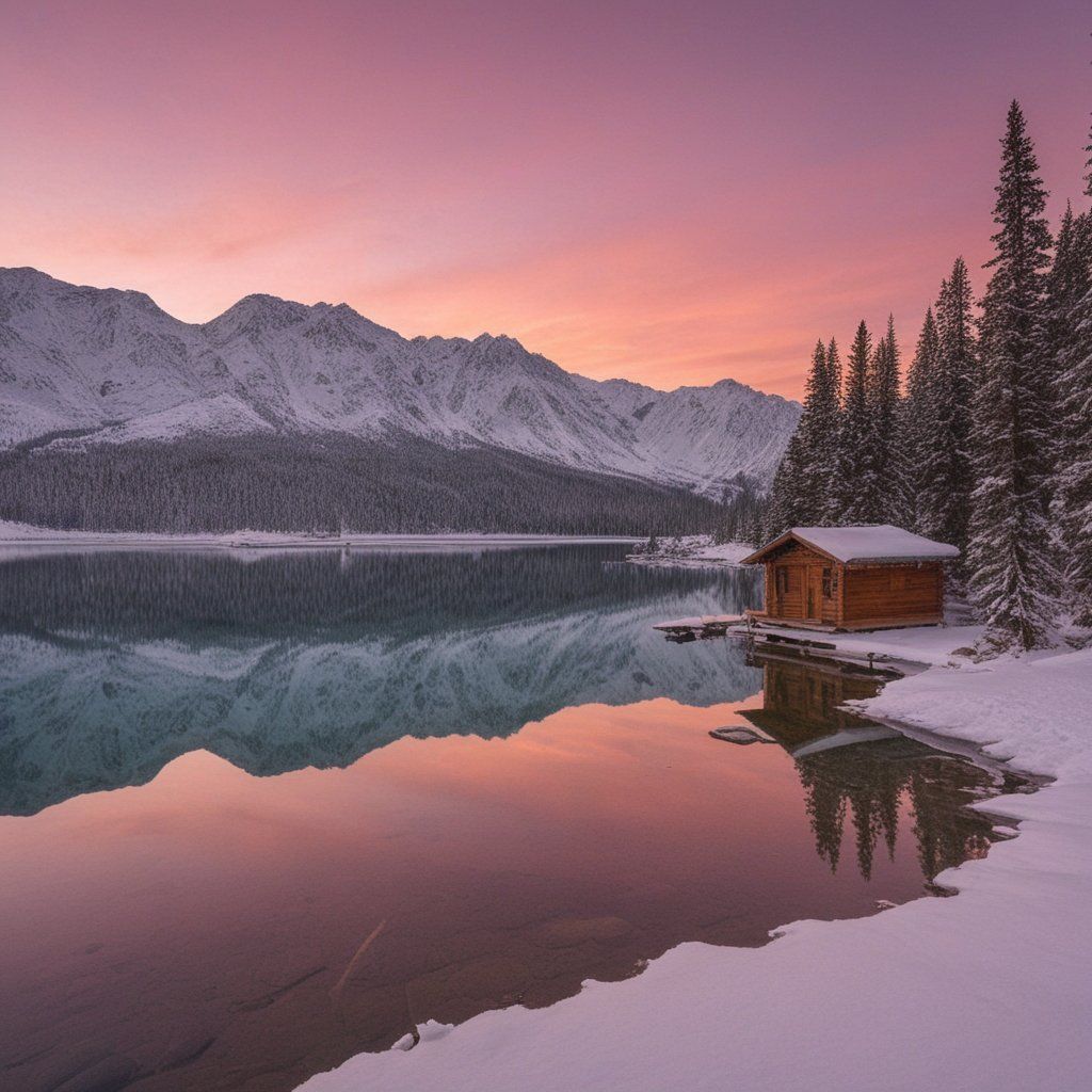 A crystal-clear lake surrounded by snow-capped mountains under a vibrant pink and orange sunset, with a small wooden cabin on the shore and pine trees reflected in the still water