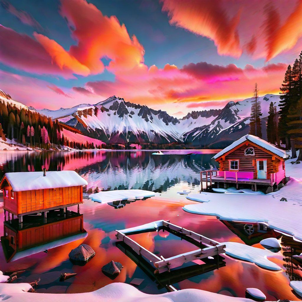 A crystal-clear lake surrounded by snow-capped mountains under a vibrant pink and orange sunset, with a small wooden cabin on the shore and pine trees reflected in the still water