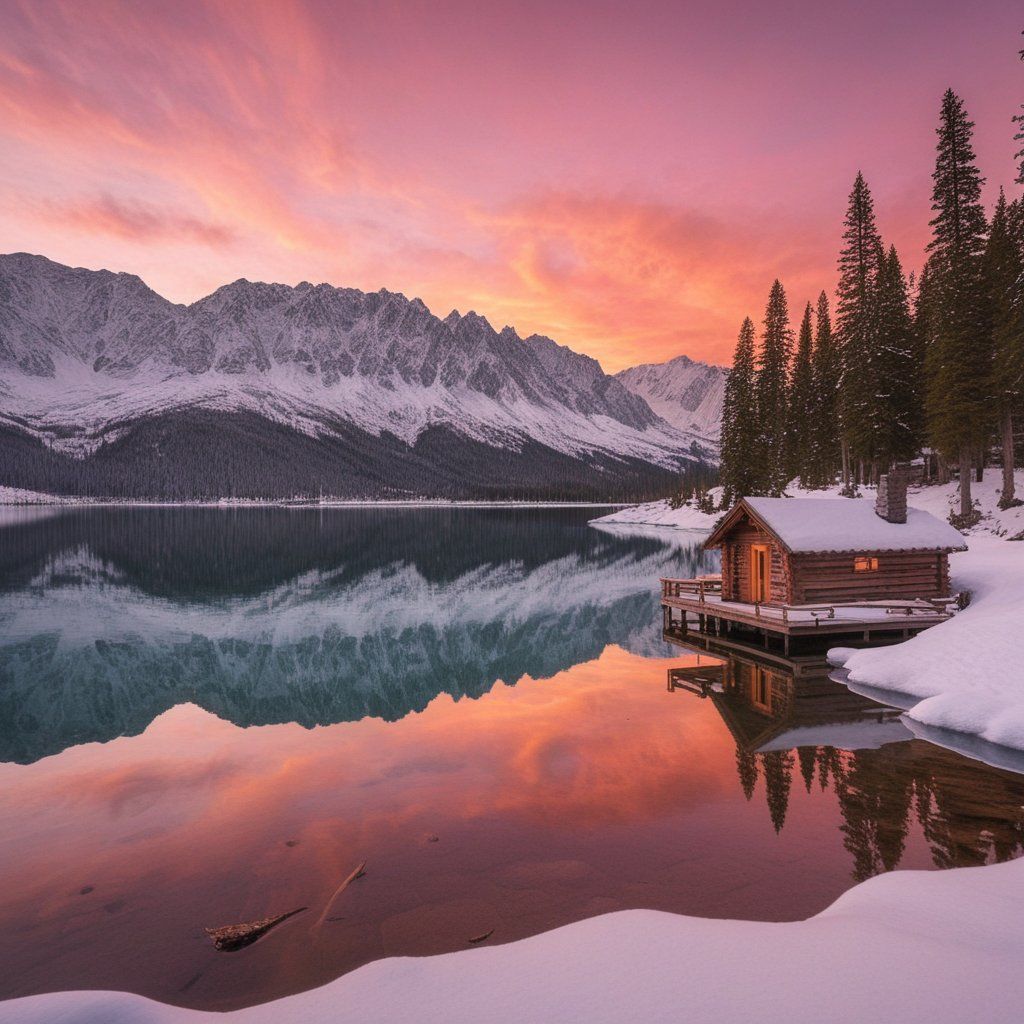 A crystal-clear lake surrounded by snow-capped mountains under a vibrant pink and orange sunset, with a small wooden cabin on the shore and pine trees reflected in the still water