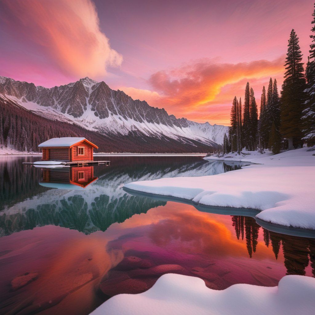 A crystal-clear lake surrounded by snow-capped mountains under a vibrant pink and orange sunset, with a small wooden cabin on the shore and pine trees reflected in the still water