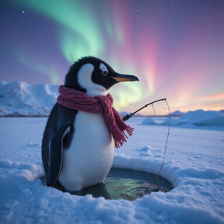 A penguin wearing a scarf, fishing through a hole in the ice. A colorful aurora shimmers in the sky behind
