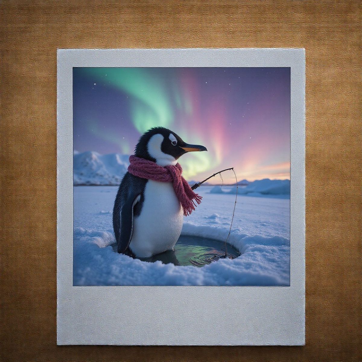 Polaroid photo of a penguin wearing a scarf, fishing through a hole in the ice. A colorful aurora shimmers in the sky behind