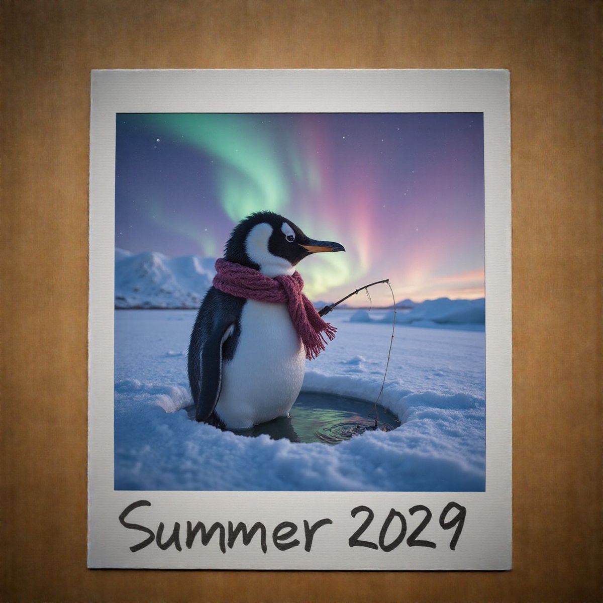 Polaroid photo of a penguin wearing a scarf, fishing through a hole in the ice. A colorful aurora shimmers in the sky behind, with the words 'Summer 2029' written on it