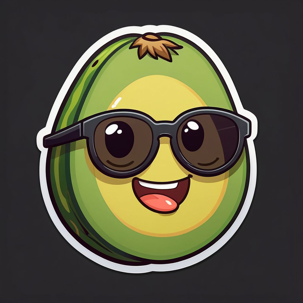 Smiling avocado with sunglasses emoji, stickers pack, outline, white borders, detailed, cartoon, black background