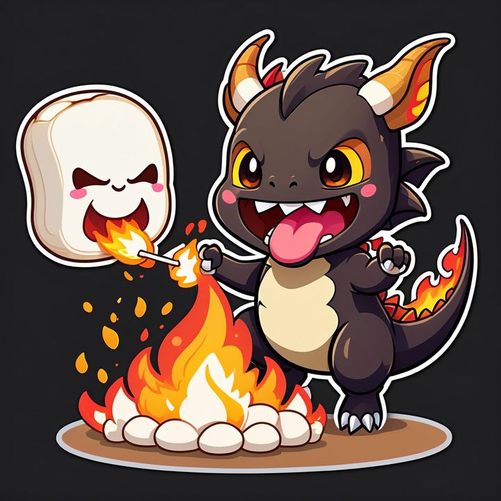 chibi dragon roasting a marshmallow with its tiny flame breath