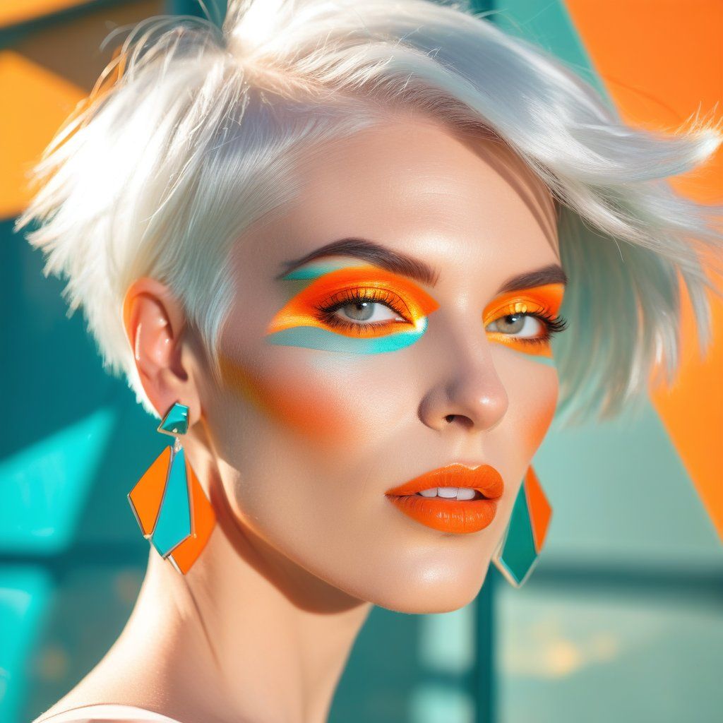 A stylized portrait of a woman with vibrant orange and teal makeup, short platinum hair, and big statement earrings, captured in bright sunlight with colorful reflections around her. Fresh, bold, energetic
