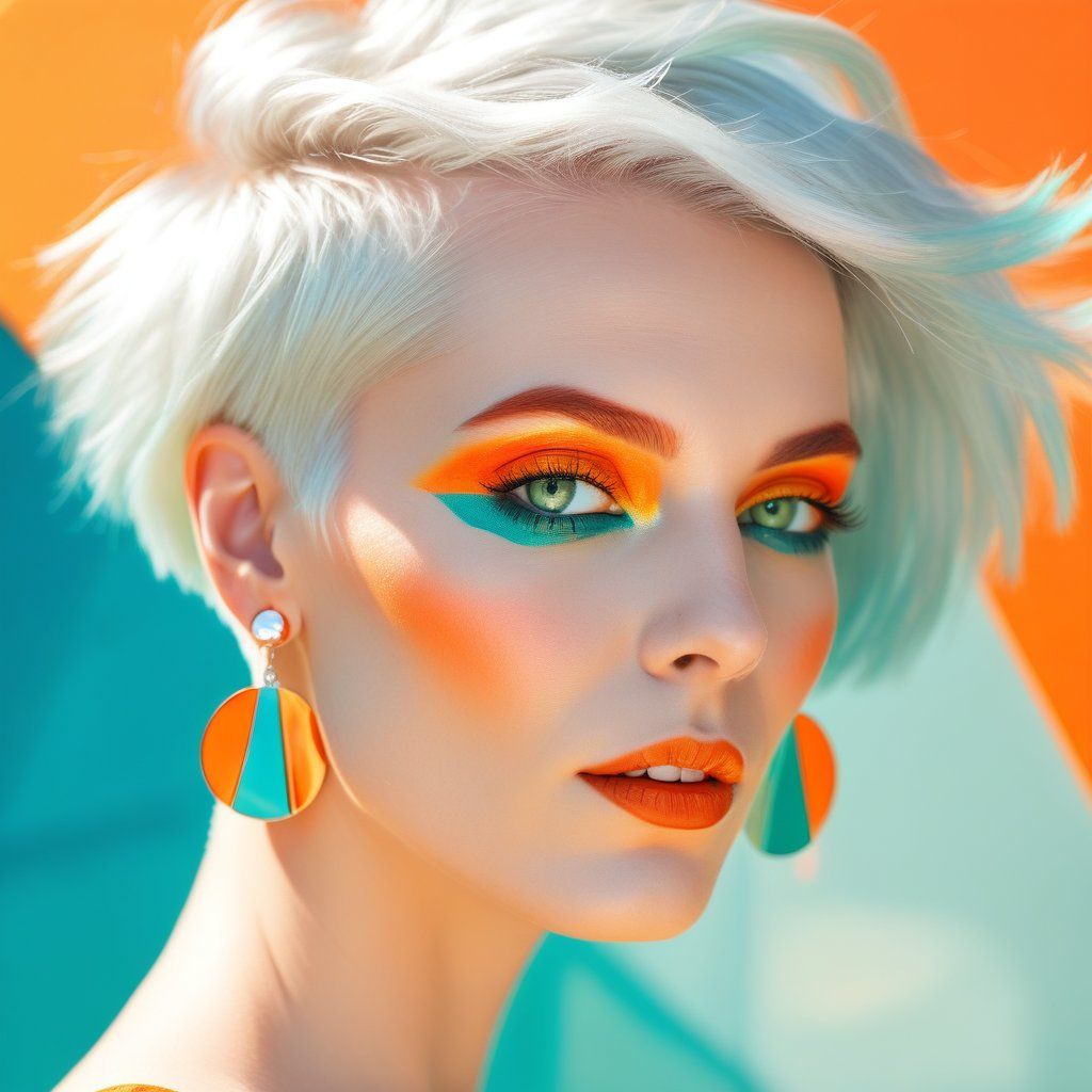 A stylized portrait of a woman with vibrant orange and teal makeup, short platinum hair, and big statement earrings, captured in bright sunlight with colorful reflections around her. Fresh, bold, energetic