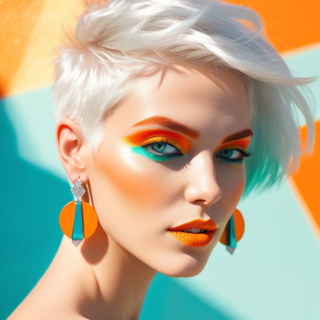 A stylized portrait of a woman with vibrant orange and teal makeup, short platinum hair, and big statement earrings, captured in bright sunlight with colorful reflections around her. Fresh, bold, energetic