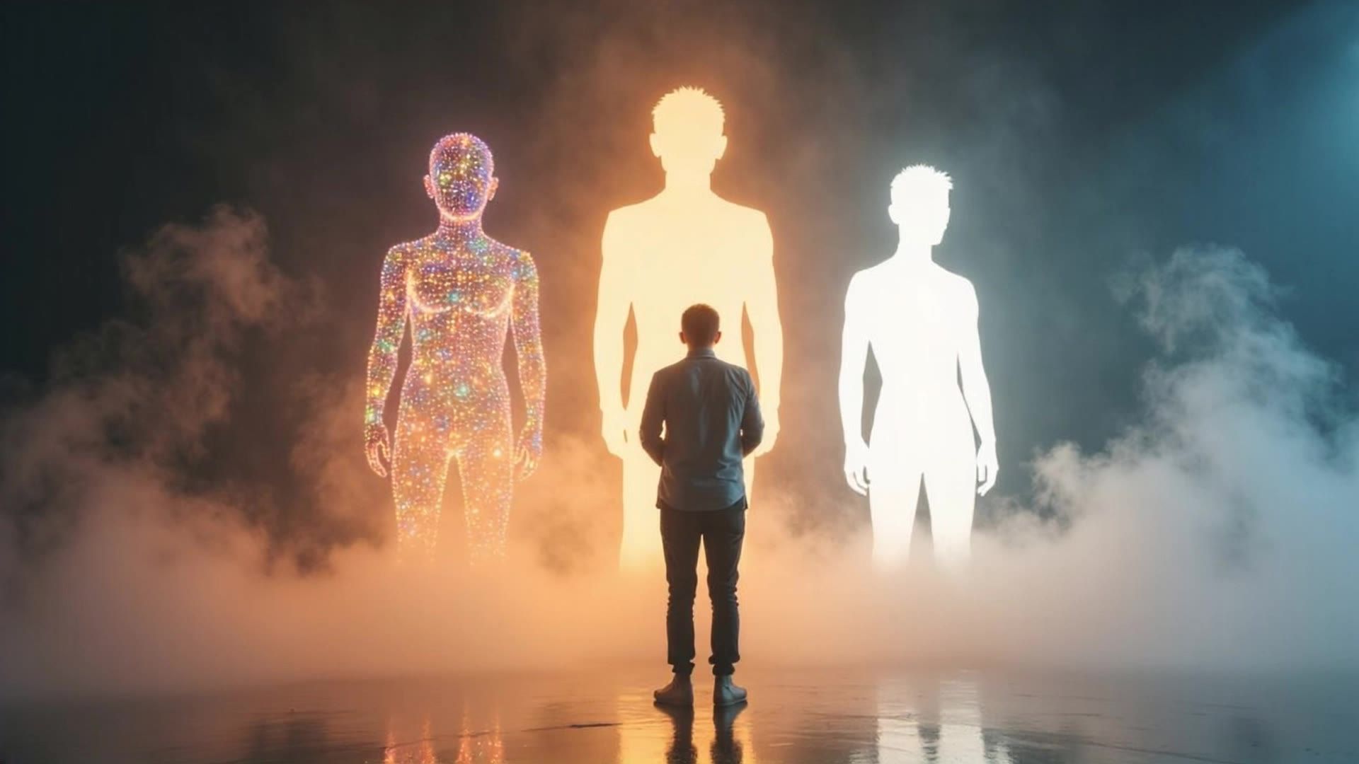 A man stands in front of three glowing humanoid figures in a foggy, surreal environment