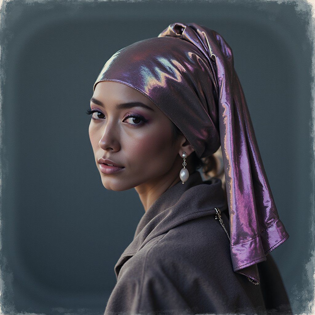 A futuristic woman with iridescent skin wearing a sleek chrome headwrap and minimalist pearl earring, soft glowing light, cyberpunk aesthetic, gentle expression, clean background, elegant and surreal