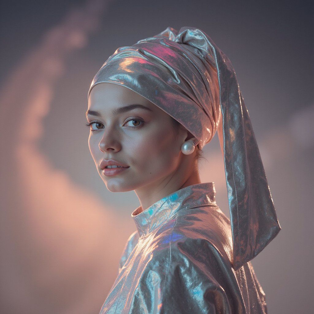 A futuristic woman with iridescent skin wearing a sleek chrome headwrap and minimalist pearl earring, soft glowing light, cyberpunk aesthetic, gentle expression, clean background, elegant and surreal