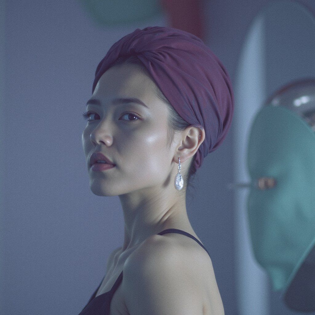 A futuristic woman with iridescent skin wearing a sleek chrome headwrap and minimalist pearl earring, soft glowing light, cyberpunk aesthetic, gentle expression, clean background, elegant and surreal