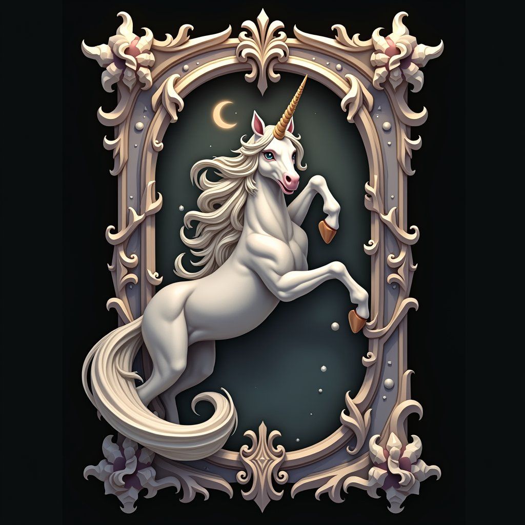 unicorn, trading card with fantasy artwork, ornate frame, gaming asset, black background