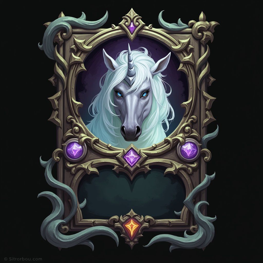unicorn, trading card with fantasy artwork, ornate frame, gaming asset, black background
