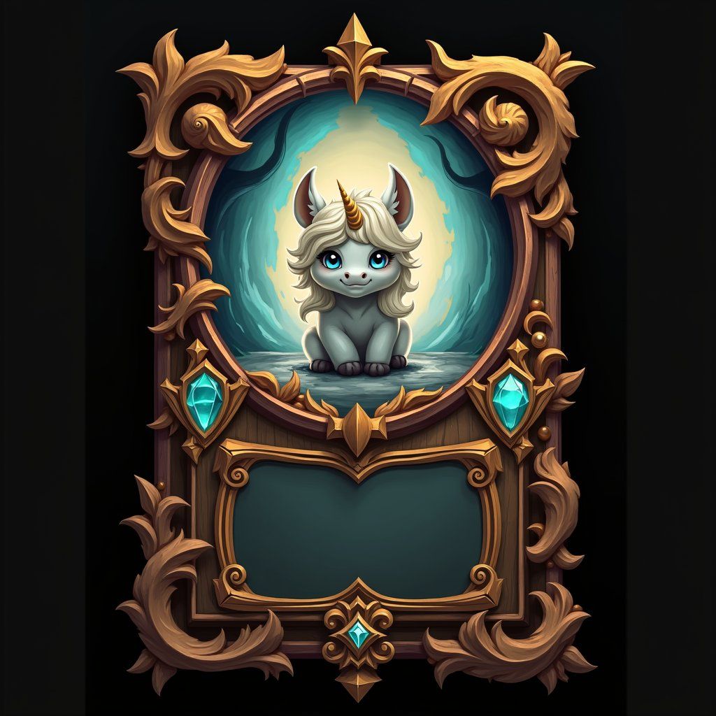 unicorn, trading card with fantasy artwork, ornate frame, gaming asset, black background