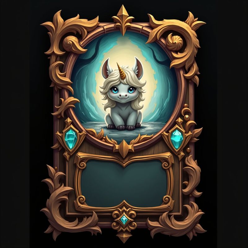 unicorn, trading card with fantasy artwork, ornate frame, gaming asset, black background