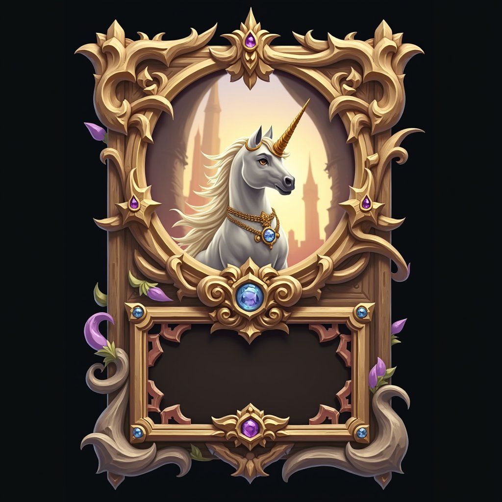 unicorn, trading card with fantasy artwork, ornate frame, gaming asset, black background