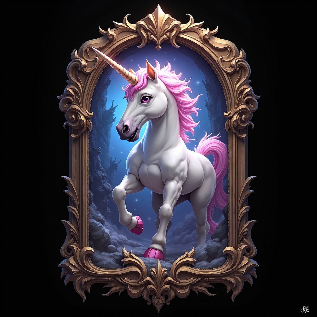unicorn, trading card with fantasy artwork, ornate frame, gaming asset, black background