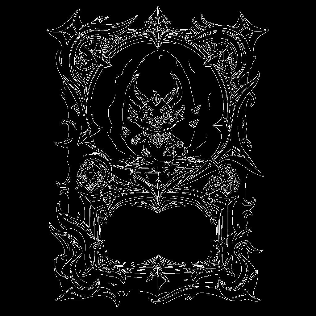 canny image of trading card with fantasy artwork, ornate frame, gaming asset, black background