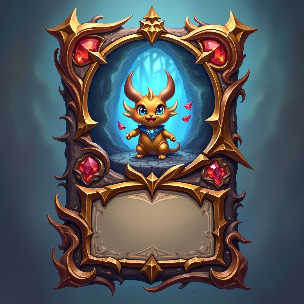 trading card with fantasy artwork, ornate frame, gaming asset, black background