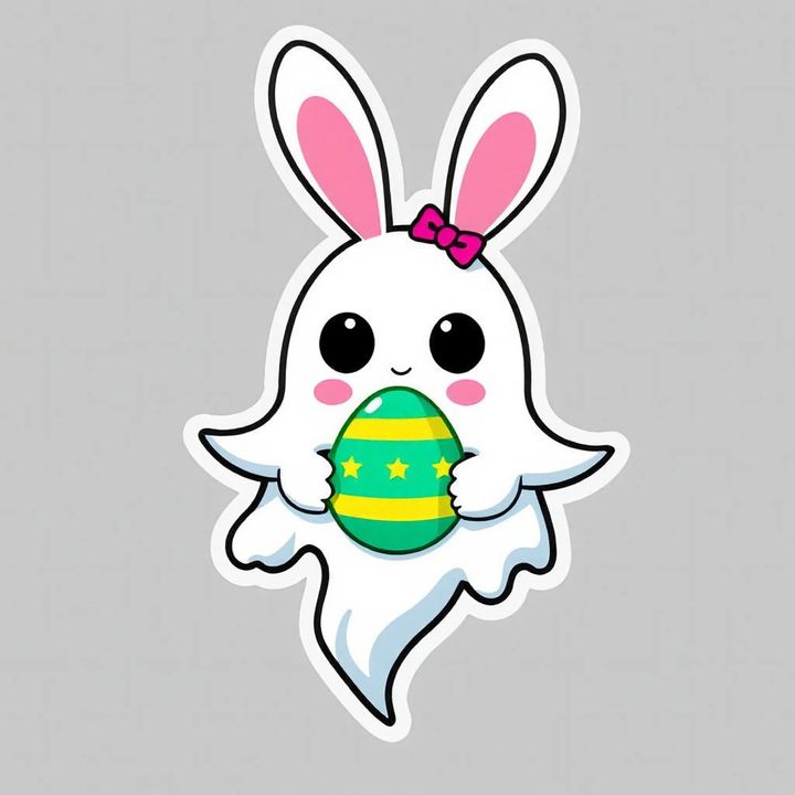 chibi ghost wearing bunny ears and holding a tiny Easter egg