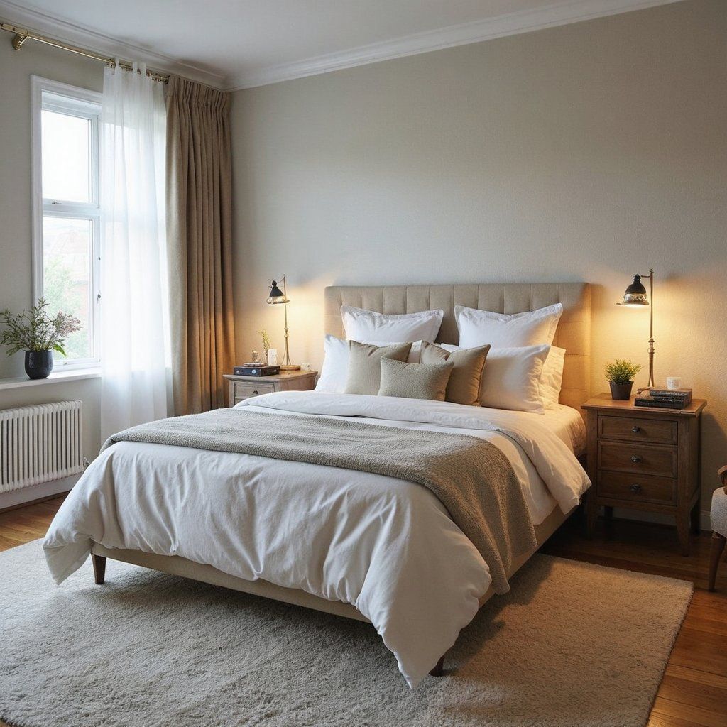 Cozy bedroom with a neatly made bed featuring white and beige bedding, flanked by wooden nightstands with lamps, light curtains over a window, and a soft rug on a wooden floor
