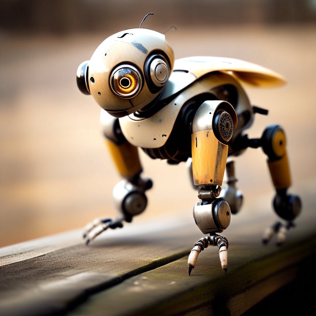 Futuristic robot designed to resemble a bee, standing on a wooden surface