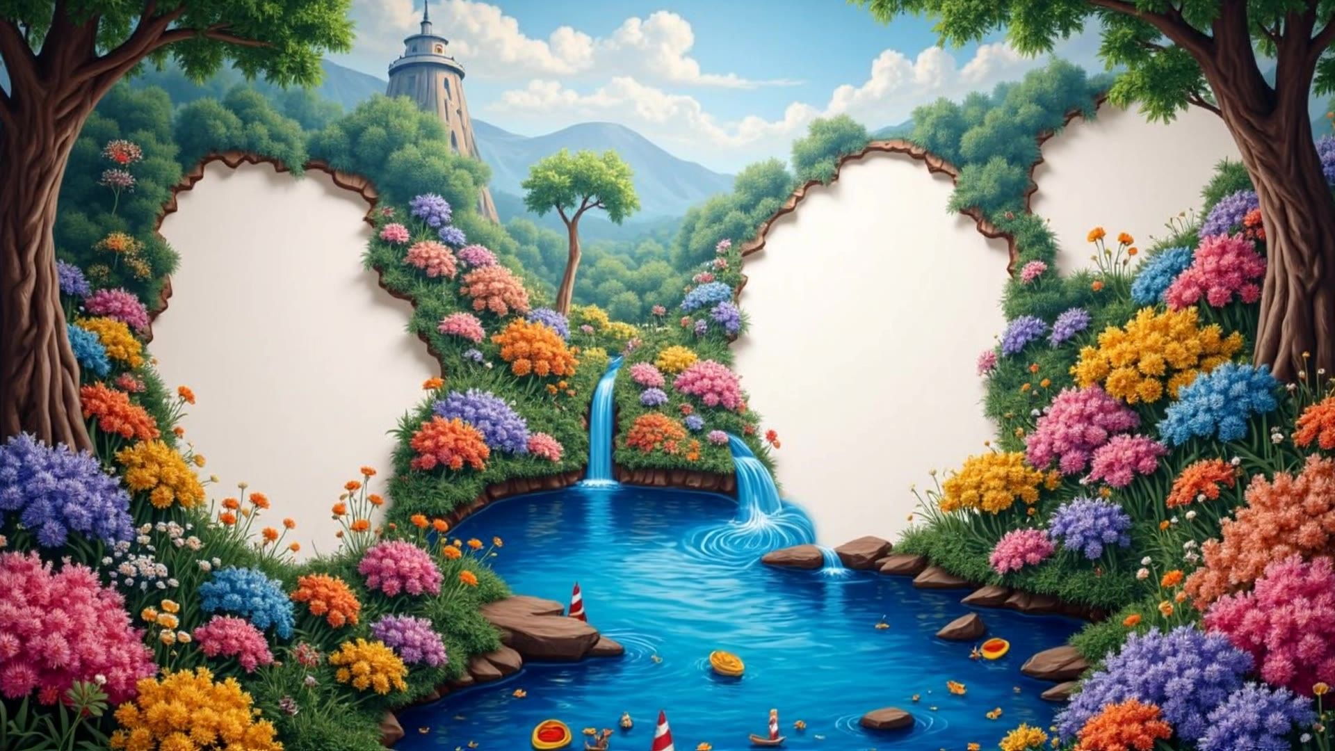 Whimsical landscape illustration with waterfalls, colorful flowers, and two large blank areas shaped like butterfly wings