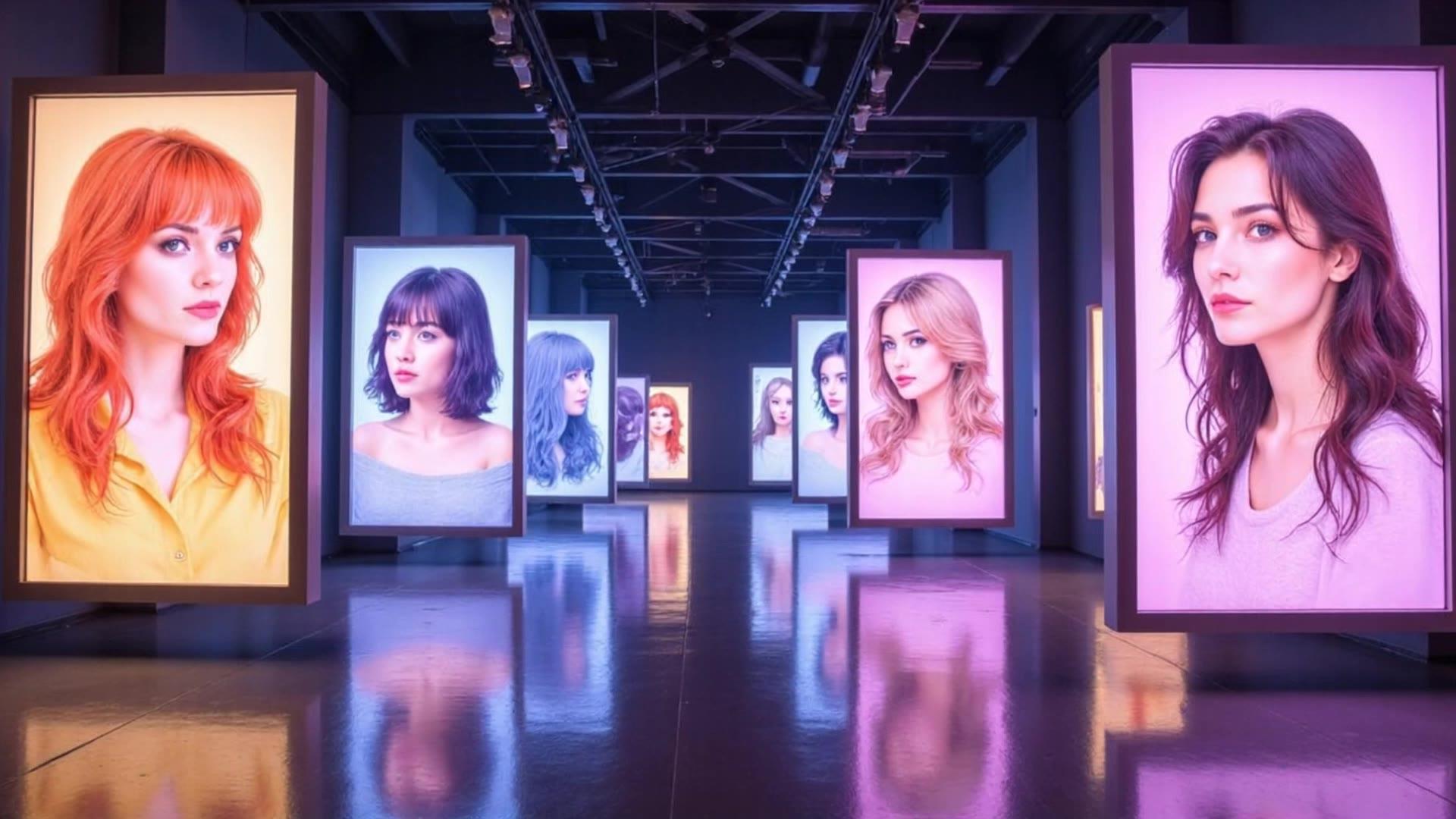 A futuristic gallery displaying large vertical screens with portraits of women, lit with colorful ambient lighting