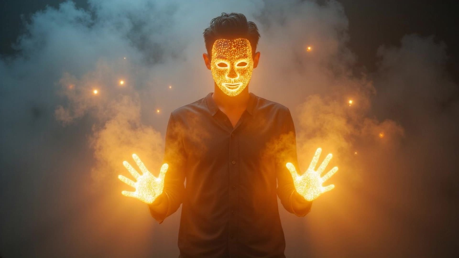 A man with a glowing orange face mask and hands stands in a foggy environment with floating sparks around him