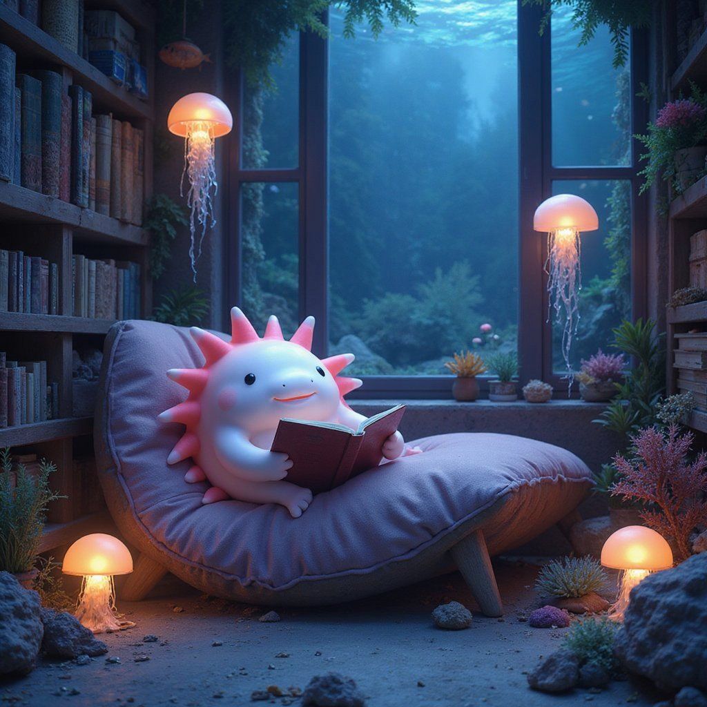 A smiling axolotl in a cozy underwater reading nook, surrounded by coral bookshelves and glowing jellyfish lamps