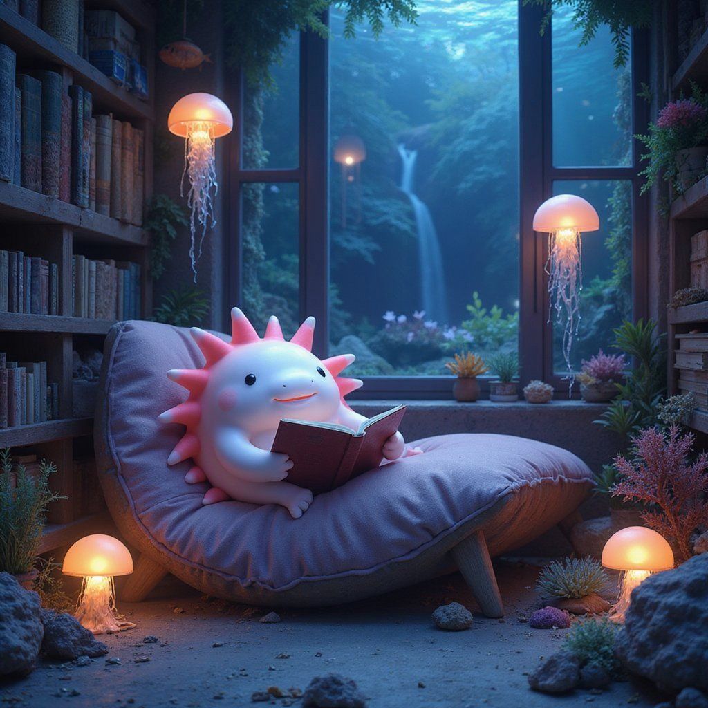 A smiling axolotl in a cozy underwater reading nook, surrounded by coral bookshelves and glowing jellyfish lamps