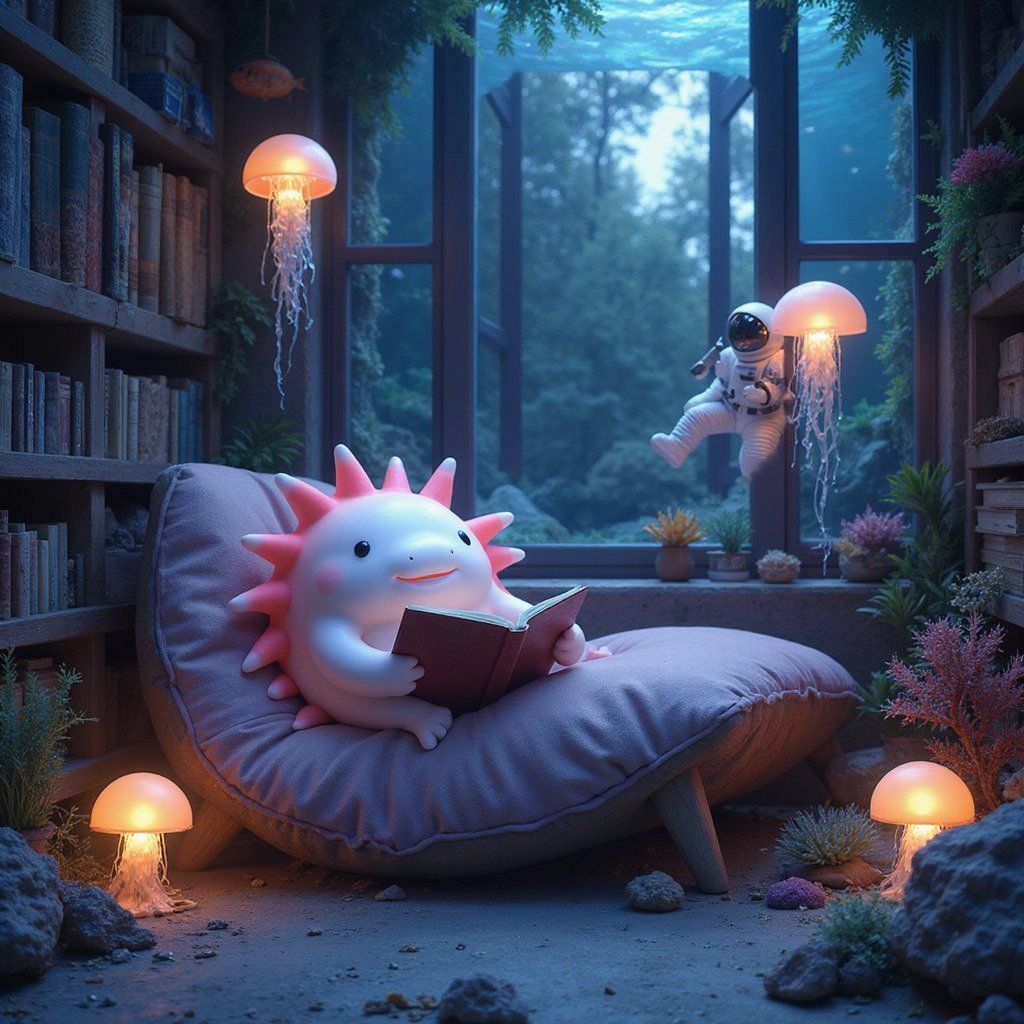 A smiling axolotl in a cozy underwater reading nook, surrounded by coral bookshelves and glowing jellyfish lamps, an astronaut knocking on window
