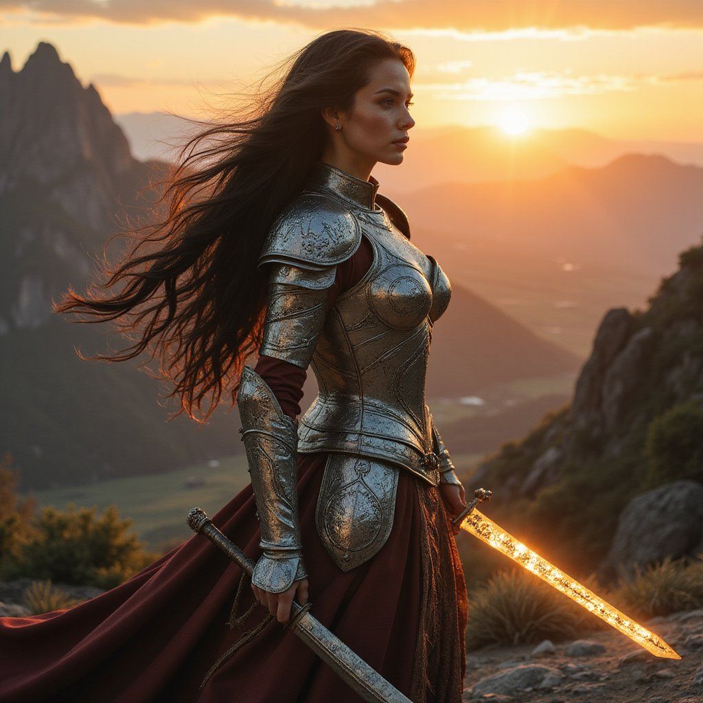 A fierce female warrior with intricate silver armor reflecting warm sunset light, holding a glowing sword with runes carved into the blade, standing on a rocky cliff overlooking a vast fantasy valley, wind blowing through her dark hair, cinematic atmosphere