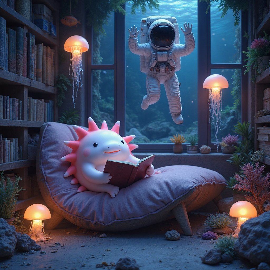 A smiling axolotl in a cozy underwater reading nook, surrounded by coral bookshelves and glowing jellyfish lamps, an astronaut knocking on window