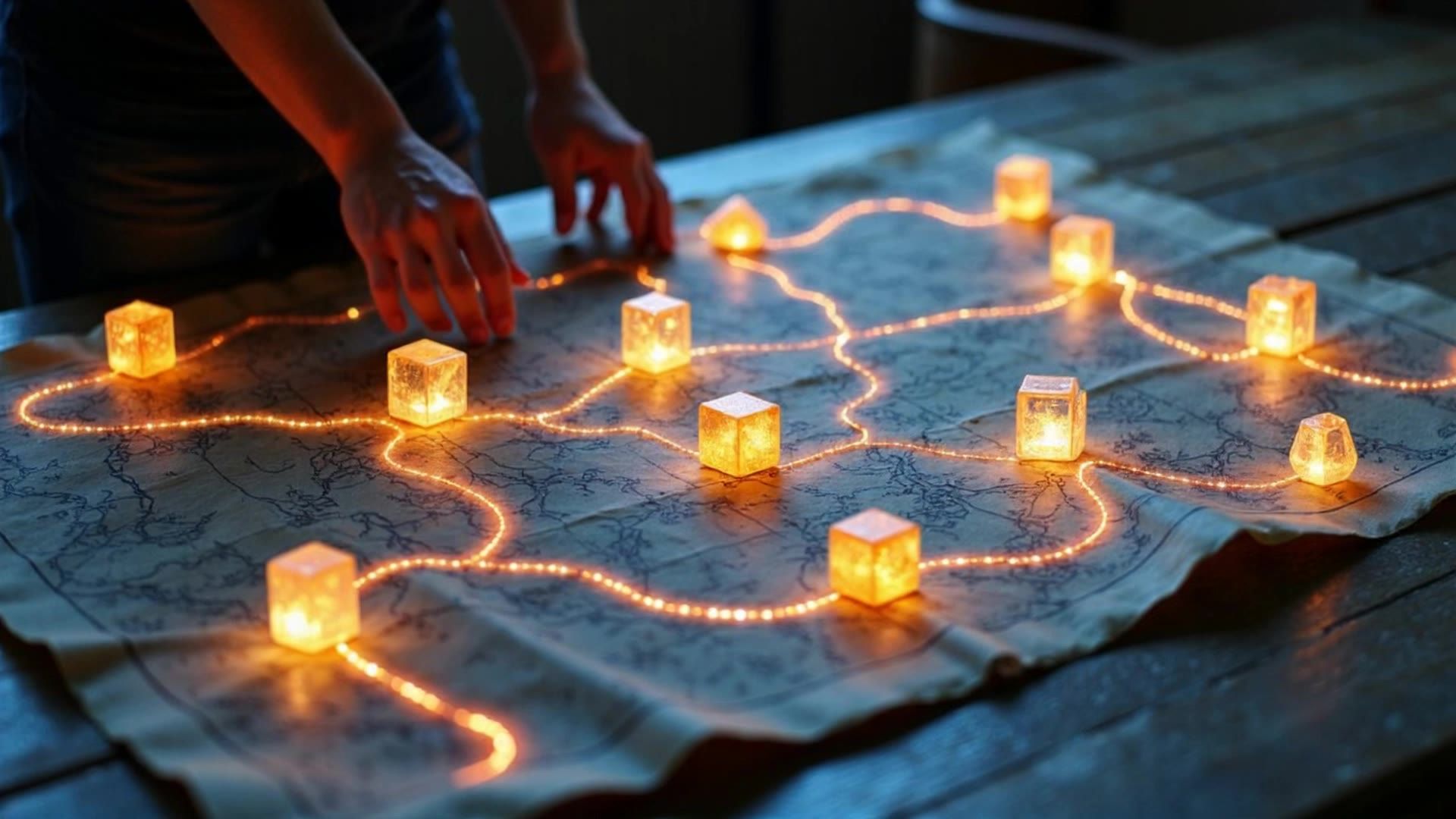 Hands interacting with a map on a table, connected by glowing orange paths and illuminated cubes placed at intersections