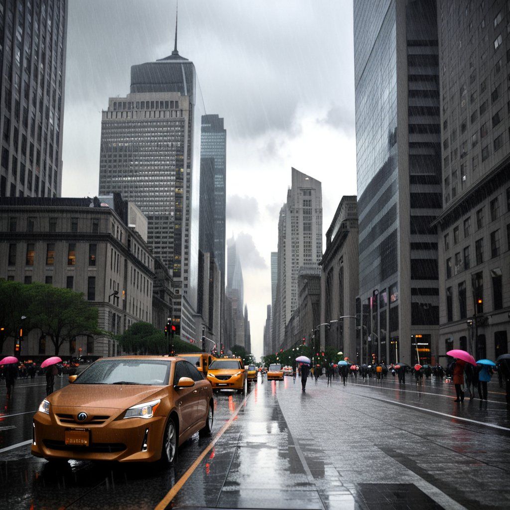 A busy city skyline under grey clouds, reflections on wet pavement, soft rain falling, people with umbrellas, distant thunder