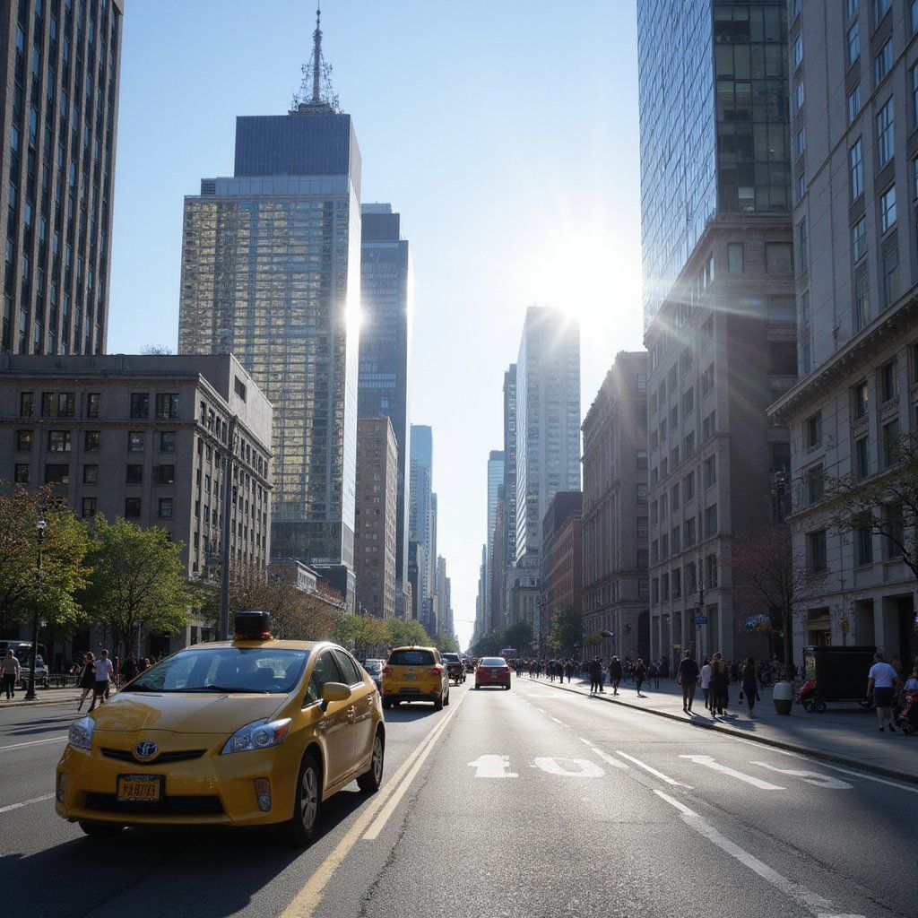 A bright city skyline on a clear day, sunlight reflecting off glass buildings, with people walking and traffic moving below