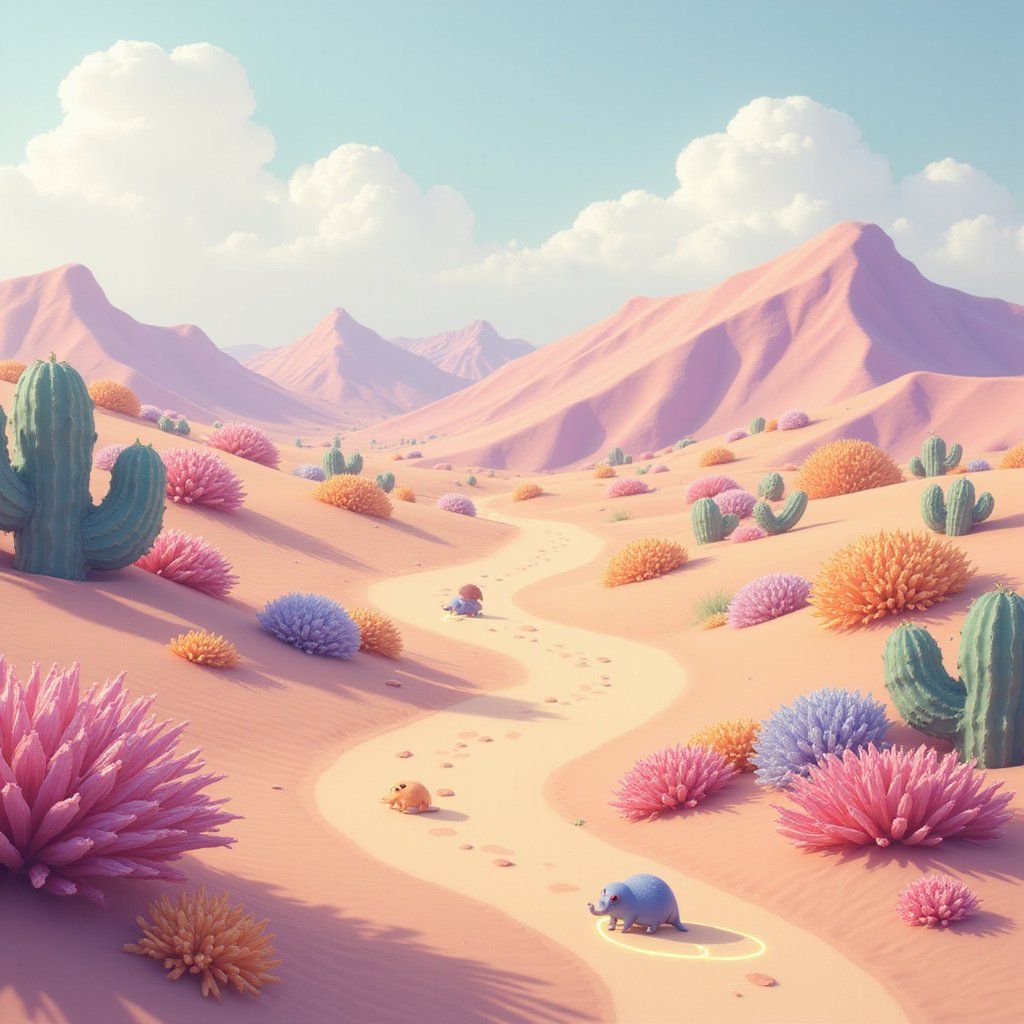 A soft pastel desert landscape with rolling hills, oversized flowers, and tiny winding paths. A few small creatures explore the area, leaving glowing footprints behind