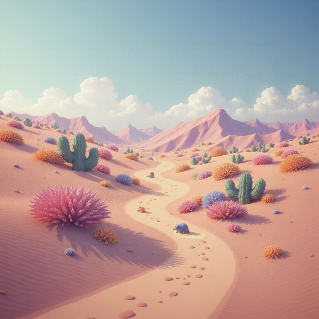 A soft pastel desert landscape with rolling hills, oversized flowers, and tiny winding paths. A few small creatures explore the area, leaving glowing footprints behind