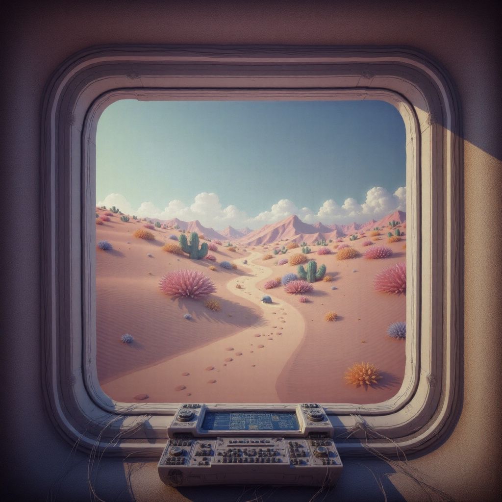 Framed window showing a soft pastel desert landscape with rolling hills, oversized flowers, and tiny winding paths