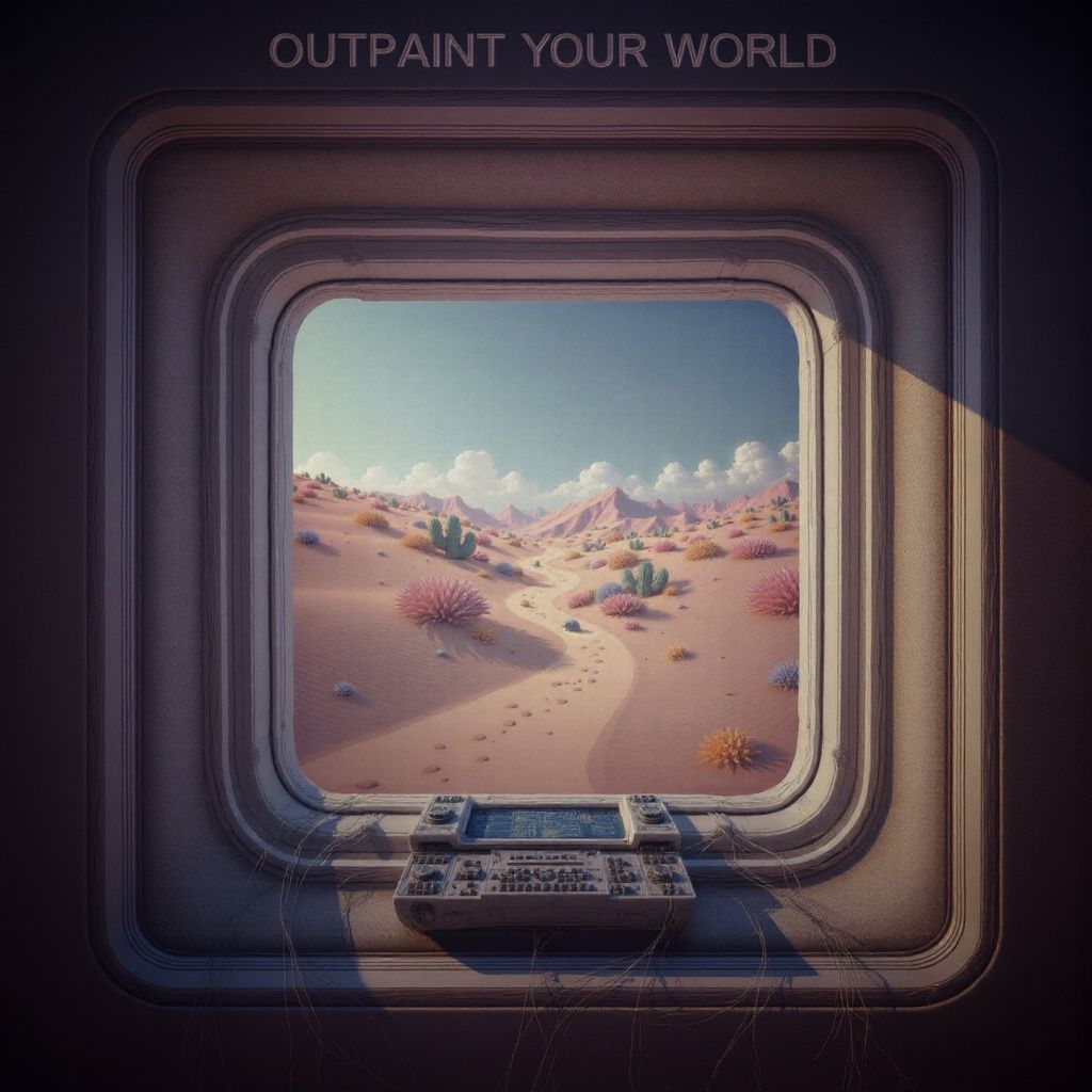 Text 'OUTPAINT YOUR WORLD' above a window view of a soft pastel desert landscape with rolling hills, oversized flowers, and tiny winding paths