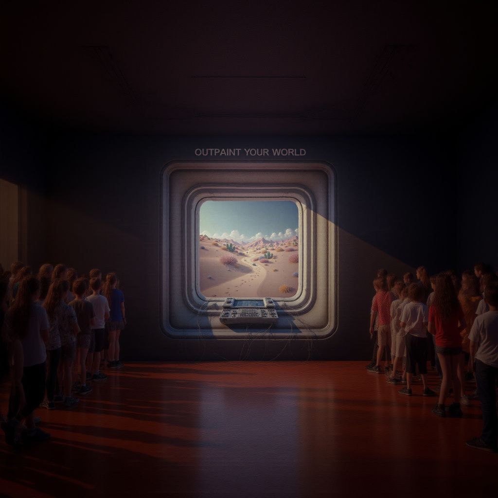 Children lined up in a room in front of a console showing a soft pastel desert landscape on a screen