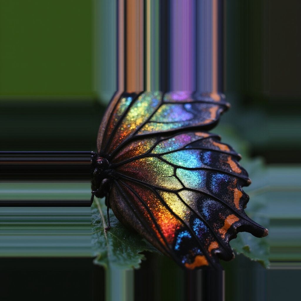 A butterfly wing under magnification, revealing scales that shimmer like tiny stained glass windows in rainbow hues