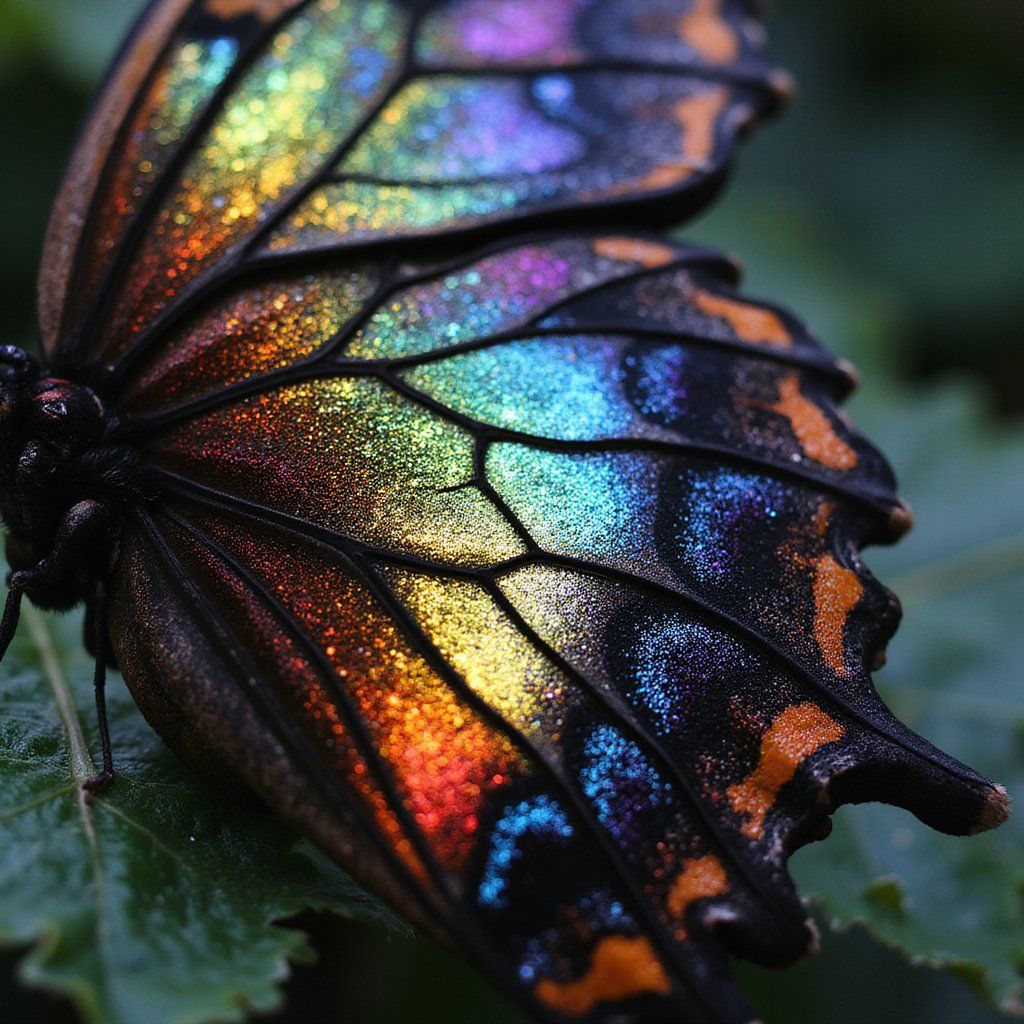 A butterfly wing under magnification, revealing scales that shimmer like tiny stained glass windows in rainbow hues