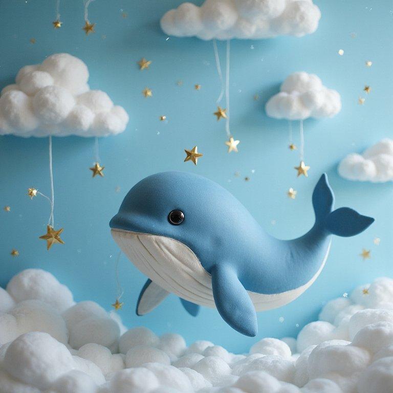 A baby whale floating through a dreamy sky full of clouds and paper stars, trailed by sparkles