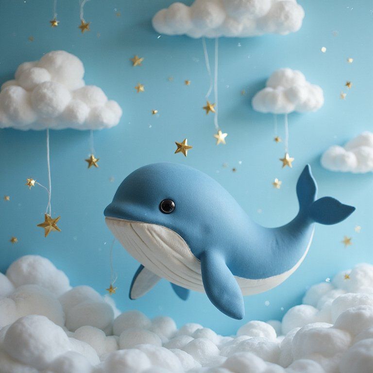 A baby whale floating through a dreamy sky full of clouds and paper stars, trailed by sparkles
