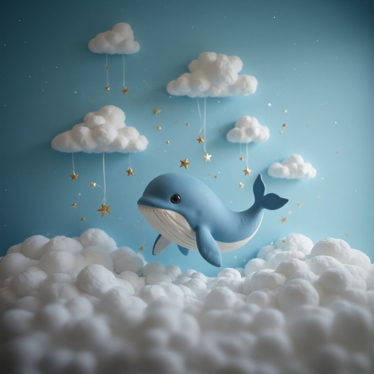 A baby whale floating through a dreamy sky full of clouds and paper stars, trailed by sparkles