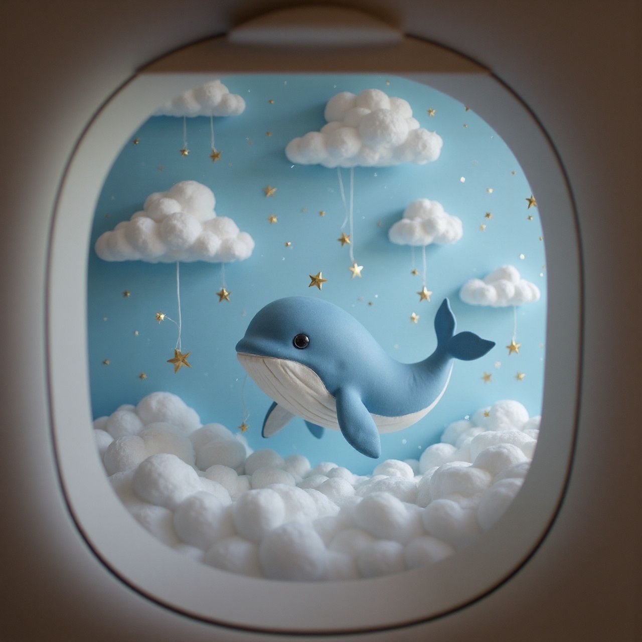 A baby whale floating through a dreamy sky full of clouds and paper stars, trailed by sparkles